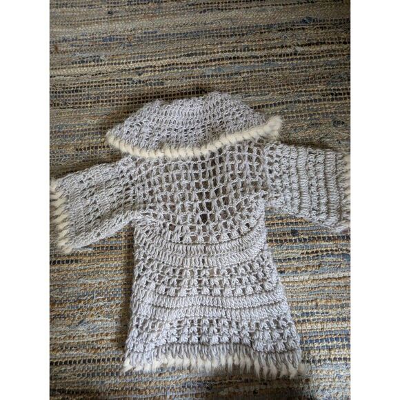 Grey Crochet Rabbit Fur Trim Wool Blend Open Knit Cardigan S/M Festival - Picture 6 of 6